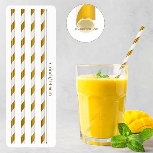 100 Packs Gold Biodegradable Striped Paper Straws, Disposable Drinking Straws for Birthday Carnival Summer Pool Party Wedding Baby Shower Halloween Christmas Party Decoration Supplies