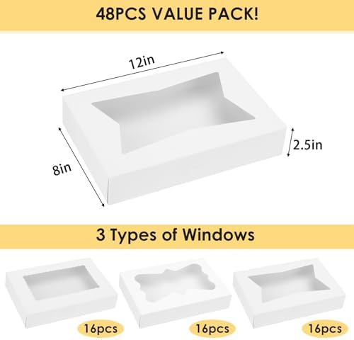 Moretoes 48pcs Cookie Boxes with 3 Style Window, 12x8x2.5In Bakery Boxes