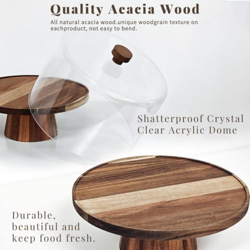 NWK 3-in-1 Acacia Wood 11 inch Cake Stand with Tall Acrylic Lid