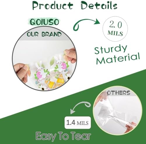 QOIUSO Easter Treat Bags: Clear Easter Cellophane Bags with 60 Twist Ties for Candy Goodie Cookies Sweet and Gifts Packaging - 50pcs Assorted Bunny & Egg Designs Platstic Party Favors Bags
