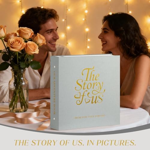 Lanpn Couples Scrapbook Photo Album - The Story of Us, Linen Wedding Anniversary Self Adheisve Picture Book holds 4x6 5x7 A5 Photo for Love Newlywed Valentine's Day (Small 20 Sheets/40 Pages, Grey)