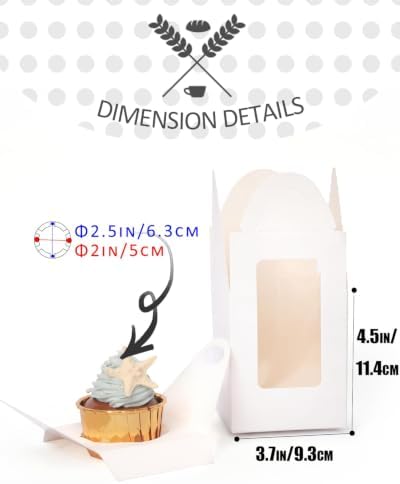 qiqee 100Pcs Auto Pop-up Cupcake Boxes Individual Cupcake Holders Disposable White Single Cupcake Boxes with Window 3.7"x3.7"x4.5" Cupcake Containers