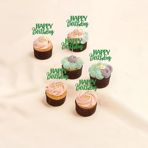 30 PCS Happy Birthday Cupcake Toppers Glitter Happy Birthday Cupcake Picks for Celebrating Anniversary Theme Christmas Party Cake Decorations Supplies Green