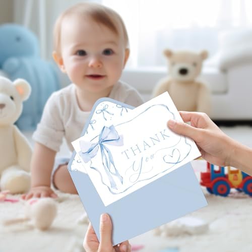 24 Pack Blue Bow Thank You Cards, Bowknot Bridal Shower Greeting Card with Envelopes and Stickers for Birthday Summer Wedding Baby Shower Party Supplies