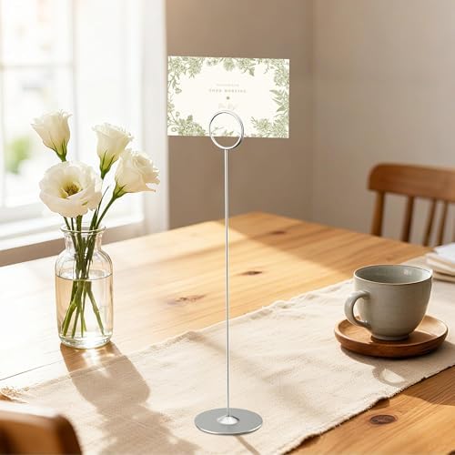 ERYTLLY 16PK Place Card Holders 12 Inch Table Number Holders Table Card Holders Steel Card Holders for Birthdays,Weddings,Photos, Food Signs, Memo Notes, Restaurants (Matte Silver)