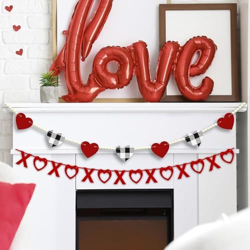 Valentine's Decoration, Red Black White Buffalo Plaid Heart Felt Wooden Bead Garland for Tiered Tray Hanging XOXO Felt Banner for Home Farmhouse Office Wall Fireplace Mantel Shelf Wedding Decor, 4.6Ft
