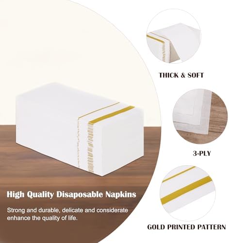 200 Pack 3-Ply Disposable Paper Napkins,White and Gold Trim Dinner Napkins