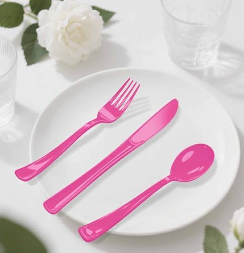HEIPINIUYE 75 Pack Hot Pink Plastic Cutlery Heavy Duty Hot Pink Plastic Knives Forks and Spoons Disposable Silverware Set for 25 Guest Camping Birthday Baby Shower Party Cutlery Set