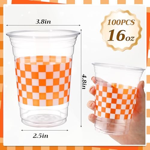 100 Pcs 16 oz Disposable Gingham Party Cups Orange Checkered