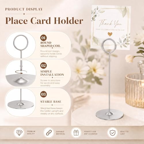 Urban Deco 16 Pieces Table Card Holder 8 inches Table Number Holders Place Steel Card Holders for Photos, Food Signs, Memo Notes, Weddings, Restaurants, Birthdays（Matte Silver）