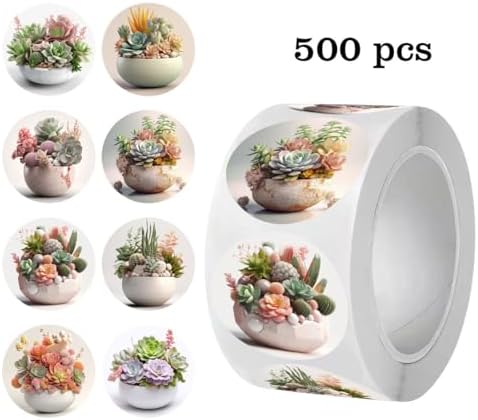 500PCS Succulent Stickers Roll Waterproof Vinyl Round Potted Plant Decals Cute Botanical Stickers for Gift Bags Envelopes Water Bottles Scrapbooking Kids Party Favors Teens Adults Crafts Journal