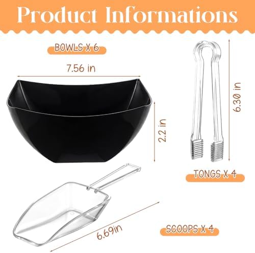 FoldTier 32oz 6 Black Plastic Candy Bowls, 4 Scoops and 4 Tongs Set Square Disposable Plastic Buffet Containers for Chip, Snacks Popcorn Candy Buffet Bar Birthday Party Supplies