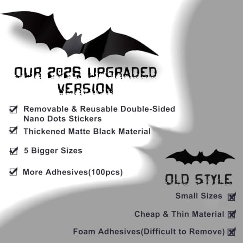 Runleo 70 Pcs Halloween 3D Bats Wall Decor, Matte Black Reusable Sticker