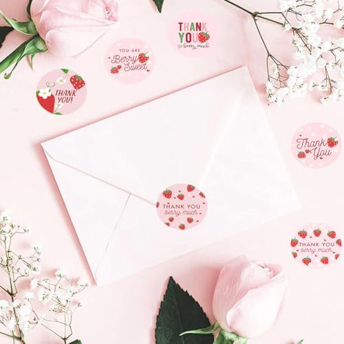 500PCS Thank You Stickers 1.5in Stickers Rolls 6 Designs Pink Sticker with Strawberry Patterns and Thank You Words Sticker for Bottle Scrapbook Journal Envelope Decorations