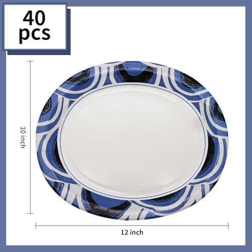 40Pcs Oval Paper Plates 12 Inch X 10 Inch Large Disposable Patriotic Dinner Plates Heavy Duty for 4th of July,Birthday,Picnic