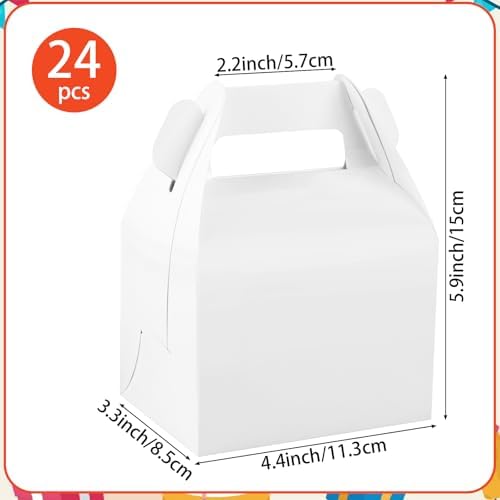 Hooqict 24 Pack White Party Favor Treat Boxes Paper Gable Gift Boxes with Handles for Party Favors Snack Goodie Candy Cookie Desserts, 6.7x5.1x3.5 Inch
