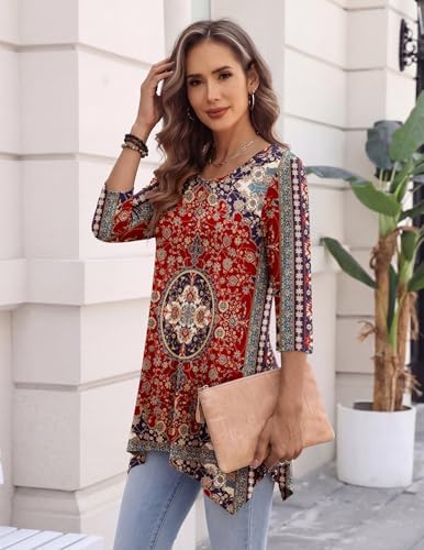 Zeagoo Womens Tops 3/4 Sleeve Loose Fit Dressy Tunics Plus Size Boho Shirts