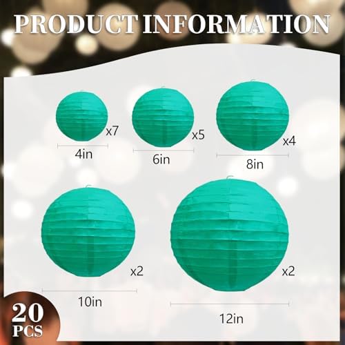 20Pcs Blue Green Paper Lanterns for Parties, 4” 6” 8” 10” 12” Chinese Asian Hanging Round Paper Lanterns for Birthday Wedding Halloween Christmas Home Decor Party Decor
