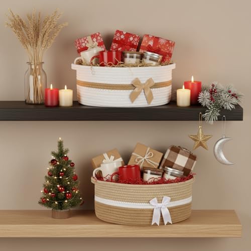 Colingmill 2 Pack Small Woven Gift Basket Empty with Wrap, Khaki and White