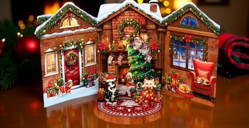 Cat Christmas Cards, Fireplace Pop Up Christmas Card, Xmas 3D Greeting Holiday Card for Cat Lovers, Happy Funny Fireplace Holiday Cards for Kids Mom Mother Women Wife Friends