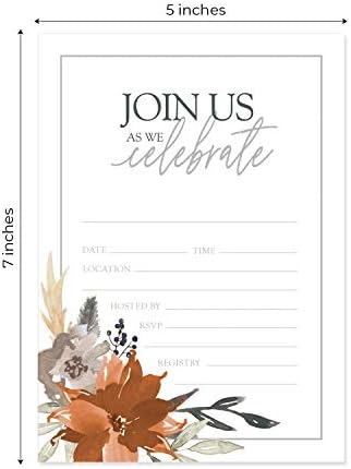 Canopy Street Indie Autumn Floral Fill In Invitations / 25 Fall Invites With White Envelopes / 5" x 7" Boho Gray And Orange Autumn Bridal Shower Invitation/Made In The USA