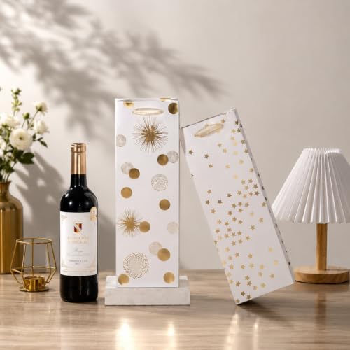 SHIPKEY 4 PCS Wine Gift Bags 13.7" Luxury Gold Bottle Bag for Weddings