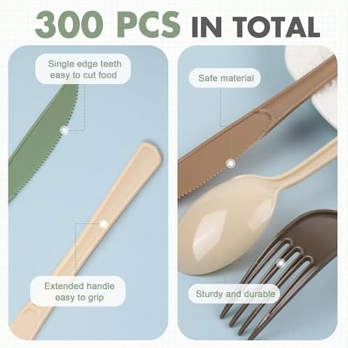 Kochorie 300 Pieces Woodland Plastic Silverware, Disposable Plastic Utensils, Heavy Duty Cutlery Set Heavyweight Flatware Includes Spoons Forks Knives for Birthday Wedding Forest Party Supplies