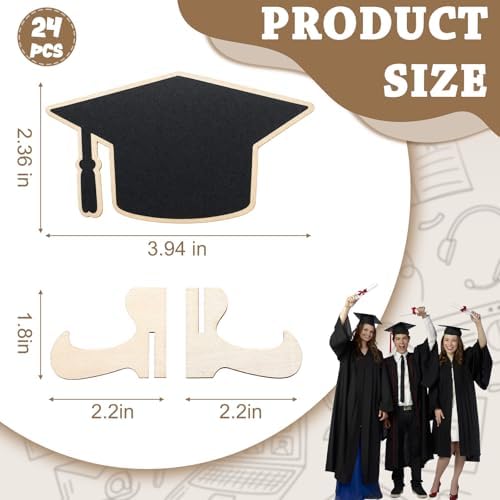 Eaasty 24 Pcs Mini Chalkboard Signs Party Food Labels for Party Buffet with Stand 2 Pen Small Erasable Reusable Wooden Blackboard for Table Setting Name Decorations(Grad Cap)