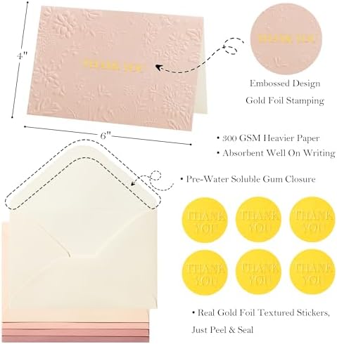 Crisky Pink Wedding Thank You Cards with Envelopes(Dusty Rose),50 Pack Embossed Floral Thank You Cards for Bridal Shower, Baby Shower, Small Business, Graduation Party Favors Decorations