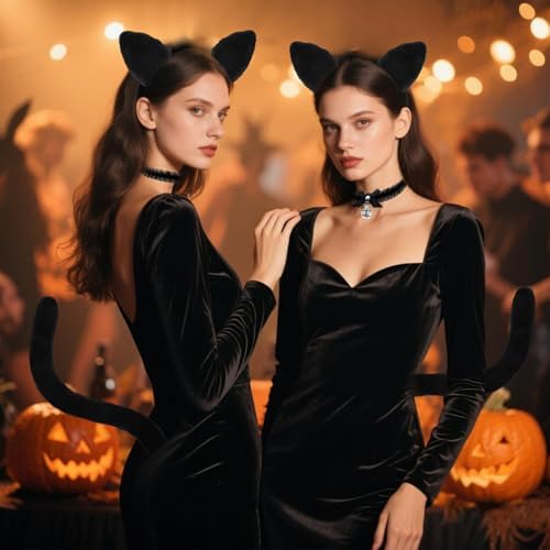 DysanVica Black Cat Costume Accessories - Cute Fluffy Cat Ears Headband Tail Collar for Adult Women Halloween