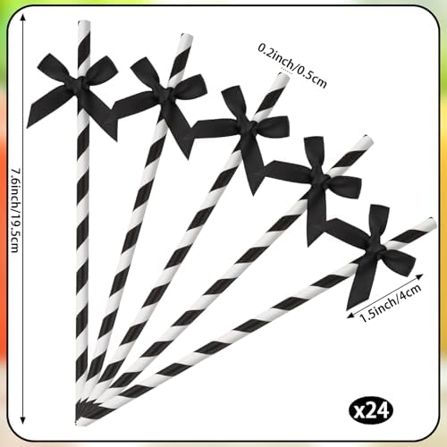 24 Packs Black Bow Biodegradable Striped Paper Straws, Black and White Disposable Drinking Straws for Birthday Carnival Summer Pool Party Wedding Baby Shower Halloween Party Decoration Supplies