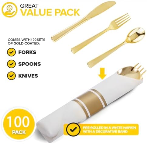 400PCS Pre Rolled Gold Plastic Silverware Set Heavy Duty for Wedding