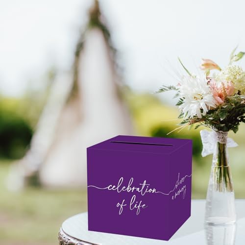 QISOLIY Purple Celebration of Life Card Box with Silver Lettering, Share a Memory Funeral Card Box for Memorial Service, Remembrance Table Decor, Memory Box for Sympathy Condolence Messages