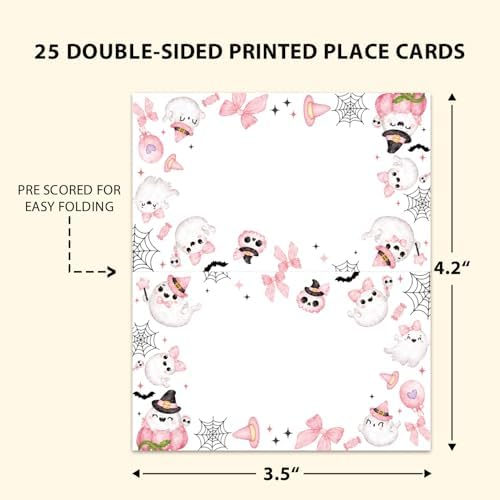 Halloween Place Cards for Table Setting, Ghost Tent Cards Decor For Birthday Baby Shower Autumn Party Reception Decorations, Bridal Shower Place Card, 25 Pack Birthday Food Name Card 2 x 3.5" /033