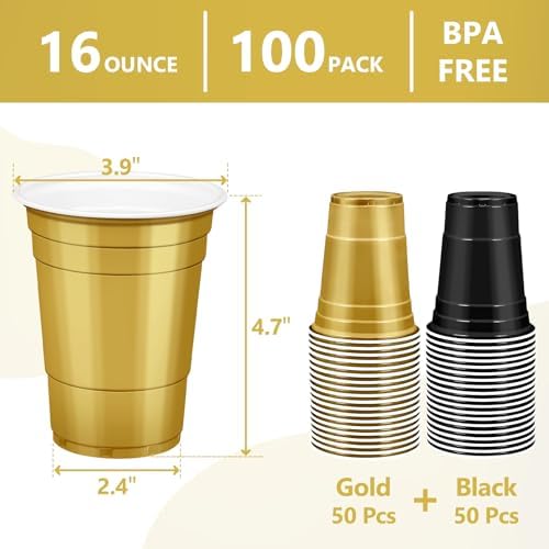 LANLISA 100Pcs Black and Gold Plastic Cups, 16 oz Disposable Cups For Birthday Party, Graduation Decorations, New Years Eve