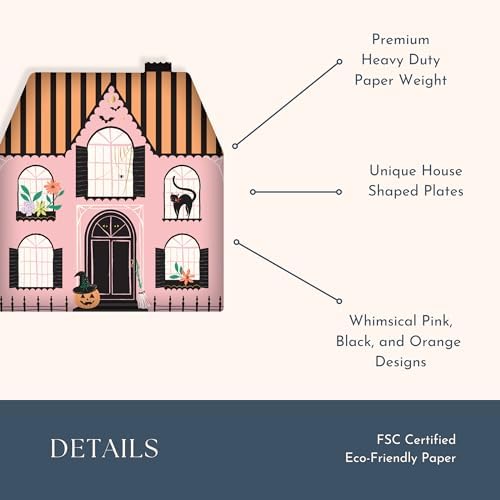 Bonjour Fête Pink Haunted House Large Plates, Pack of 8, 10.5"