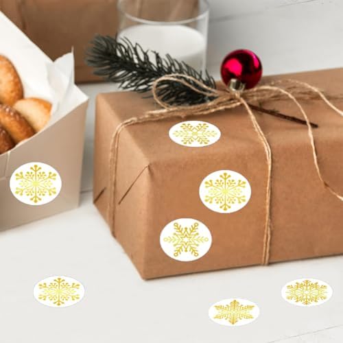 500Pcs Christmas Stickers Roll for Cards 6 Designs Gold Foil Snowflake Stickers Clear Xmas Winter Holiday Round Adhesive Label Stickers Decal for Xmas Envelopes Invitations Cards Gifts Decor