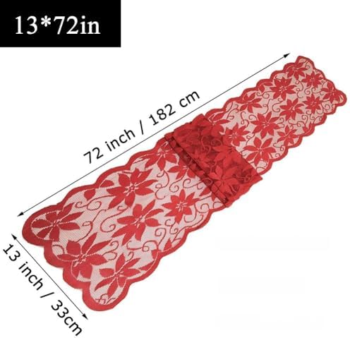 Red Lace Table Runners for Christmas Wedding Bridal Shower Baby Shower Party Table Decoration, Rustic Rose Embroidered Boho Table Runner,13 x 72 Inch (Red)