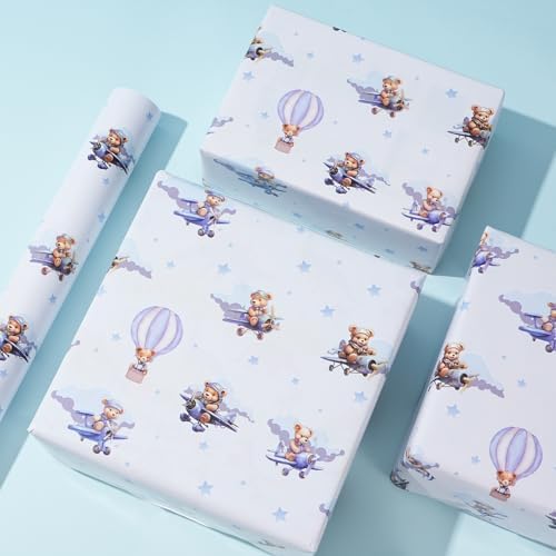 Cuitpan Baby Shower Wrapping Paper Roll - Blue Bears in Hot Air Balloon & Airplane Design for Baby Boy, Birthday Gift Wrap, Baby Shower Decor - 17 inches x 16.5 Feet,Cut Lines on Back