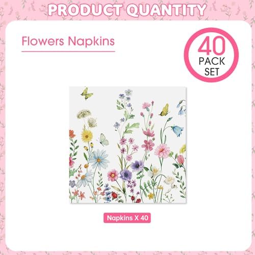 40 Pcs Spring Floral Napkins 13 x 13 Inches - Wildflower Butterfly Party Napkin, 3-Ply Flower Cocktail Disposable Paper Napkins Hand Towles Set for Easter Birthday Weeding Tea Party Supplies Decor