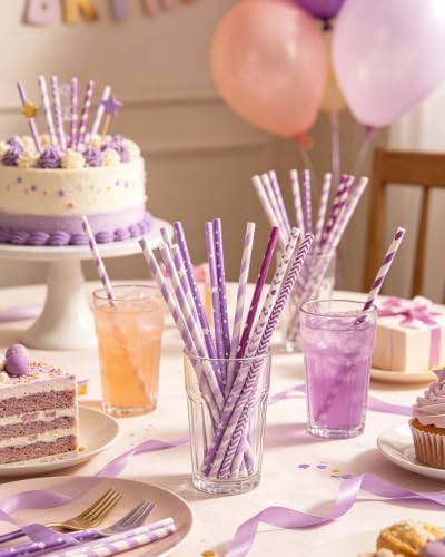 Purple Paper Straws for Drinking Purple Disposable Straws 150pcs Disposable Straws Bulk（10 Pattern） qiqee