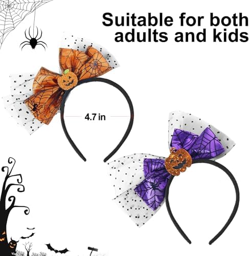 Halloween Headbands with Pumpkin and Spider Web, 2 Pack Orange and Purple Headband with Big Bow, Hairbands Hair Hoop Halloween Spooky Hair Accessories for Women Girls Kids