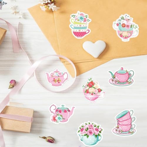 500Pcs Tea Gathering Stickers Roll 8 Designs Pink-Themed Flowers Stickers 1in Self-Adhesive Waterproof Sticker for Birthday Party Envelopes Scrapbook Decorations