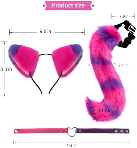 Cat Ears and Tail,Wolf Fox Ears Long Tail and Bell Lace Choker Set for Halloween,Animal Cosplay Party Costume