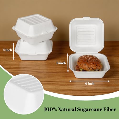 Lucklot 100 Pack 6×6 Inch White Compostable Bagasse Takeout Food Containers