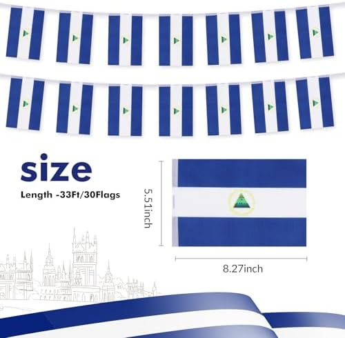 Nicaragua Flag Banner, Small Mini Nicaraguan Flags Patriotic Decoration for Party, Classroom, Sports Events, 33 Feet 30 Flags