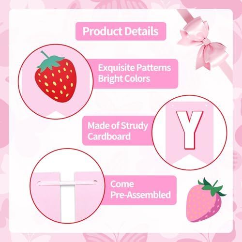 Strawberry Happy Birthday Banner Decorations, Pre-Strung Letter Garland with Berry Accents for Girls Birthday Party, Baby Shower, Indoor Outdoor Wall Decor and Photo Backdrop, Pink