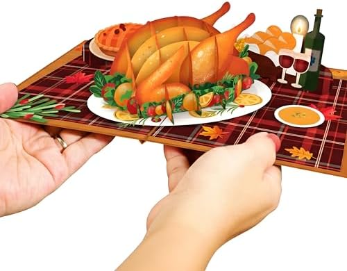 Paper Love Thanksgiving Card | 3D Pop-Up Turkey Dinner Greeting Card for Family, and Friend | 5" x 7" w/Envelope & Note Tag