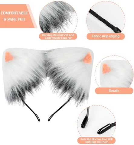 Cat Ears and Tail,Wolf Fox Ears Long Tail and Bell Lace Choker Set for Halloween,Animal Cosplay Party Costume