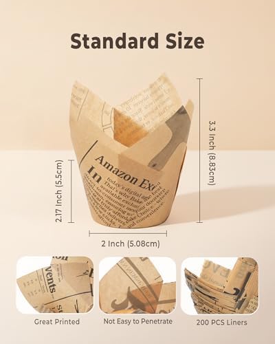 Bake Choice 200pc Standard Tulip Cupcake Liners for Baking, Newspaper Print